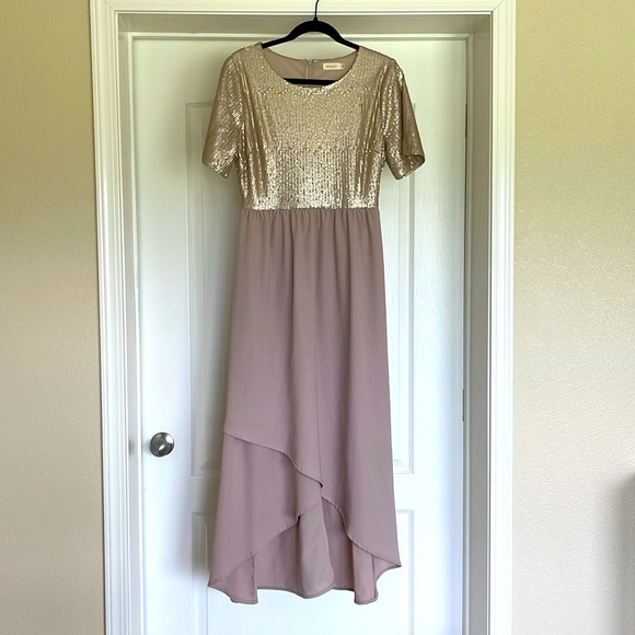 Roolee Annette Maxi Dress Women’s S Sequined Champagne Rose Modest High Low Hem - Picture 1 of 15